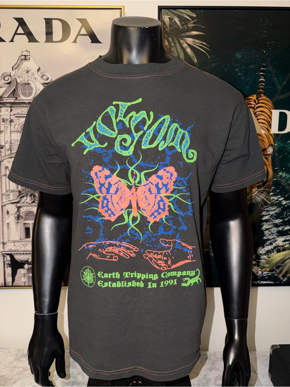 Volcom Black Tee with Neon Pink & Green Butterfly Graphic
